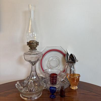 LOT 91: Vintage Hazel-Atlas Juicer, Spry Measuring Glass, Abbots Milk Bottle, Cobalt Blue Eye Cup, Carnival Glass Creamer, Hurricane Lamp...