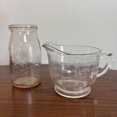 LOT 91: Vintage Hazel-Atlas Juicer, Spry Measuring Glass, Abbots Milk Bottle, Cobalt Blue Eye Cup, Carnival Glass Creamer, Hurricane Lamp...