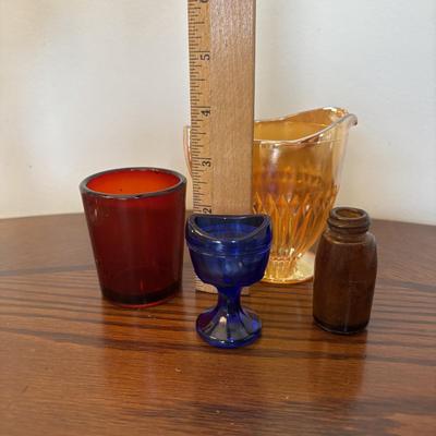 LOT 91: Vintage Hazel-Atlas Juicer, Spry Measuring Glass, Abbots Milk Bottle, Cobalt Blue Eye Cup, Carnival Glass Creamer, Hurricane Lamp...