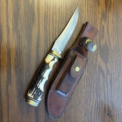 LOT 92: Schrade 153UH Uncle Henry Knife w/ Leather belt sheath & whetstone