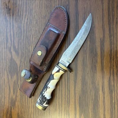 LOT 92: Schrade 153UH Uncle Henry Knife w/ Leather belt sheath & whetstone