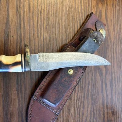 LOT 92: Schrade 153UH Uncle Henry Knife w/ Leather belt sheath & whetstone
