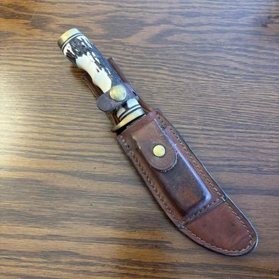 LOT 92: Schrade 153UH Uncle Henry Knife w/ Leather belt sheath & whetstone