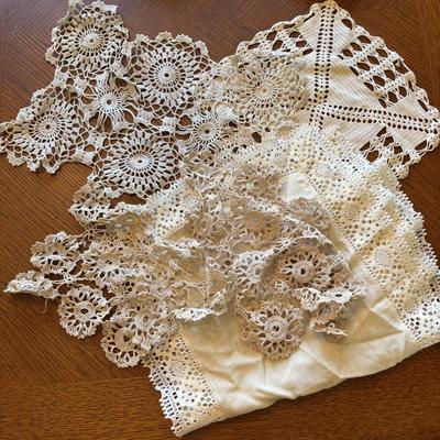 LOT 95: Basket of Crocheted Doilies & Tablecloths
