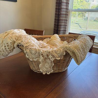 LOT 95: Basket of Crocheted Doilies & Tablecloths