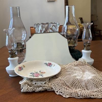 LOT 96: Unique Standing Mirror, Vintage Doilies, Hurricane/Oil Lamps, Crystal Vase & Floral Trinket Dish