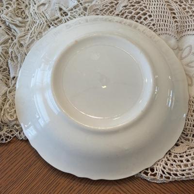 LOT 96: Unique Standing Mirror, Vintage Doilies, Hurricane/Oil Lamps, Crystal Vase & Floral Trinket Dish