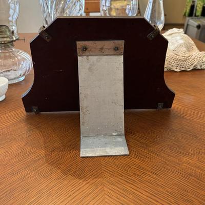 LOT 96: Unique Standing Mirror, Vintage Doilies, Hurricane/Oil Lamps, Crystal Vase & Floral Trinket Dish