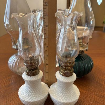 LOT 96: Unique Standing Mirror, Vintage Doilies, Hurricane/Oil Lamps, Crystal Vase & Floral Trinket Dish