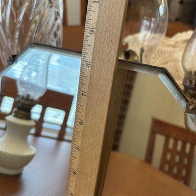 LOT 96: Unique Standing Mirror, Vintage Doilies, Hurricane/Oil Lamps, Crystal Vase & Floral Trinket Dish