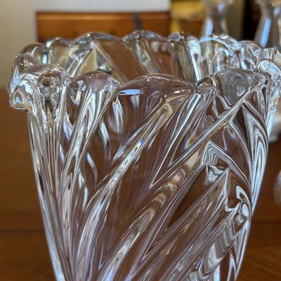 LOT 96: Unique Standing Mirror, Vintage Doilies, Hurricane/Oil Lamps, Crystal Vase & Floral Trinket Dish