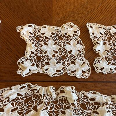 LOT 96: Unique Standing Mirror, Vintage Doilies, Hurricane/Oil Lamps, Crystal Vase & Floral Trinket Dish