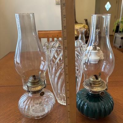 LOT 96: Unique Standing Mirror, Vintage Doilies, Hurricane/Oil Lamps, Crystal Vase & Floral Trinket Dish