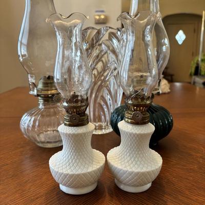 LOT 96: Unique Standing Mirror, Vintage Doilies, Hurricane/Oil Lamps, Crystal Vase & Floral Trinket Dish