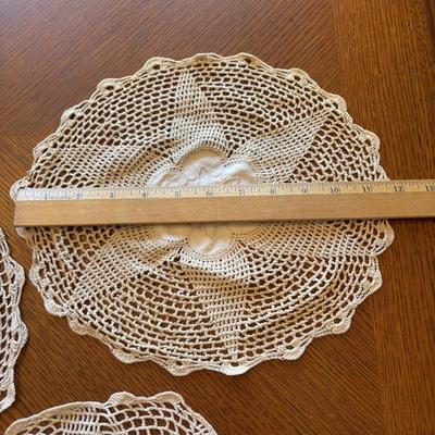 LOT 96: Unique Standing Mirror, Vintage Doilies, Hurricane/Oil Lamps, Crystal Vase & Floral Trinket Dish