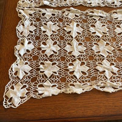 LOT 96: Unique Standing Mirror, Vintage Doilies, Hurricane/Oil Lamps, Crystal Vase & Floral Trinket Dish