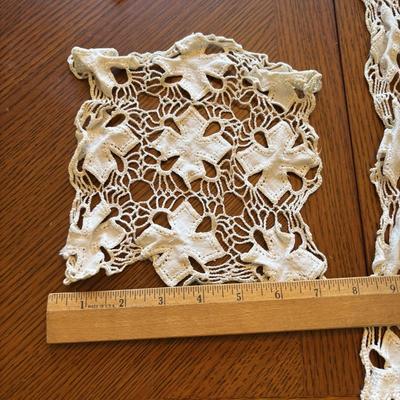 LOT 96: Unique Standing Mirror, Vintage Doilies, Hurricane/Oil Lamps, Crystal Vase & Floral Trinket Dish