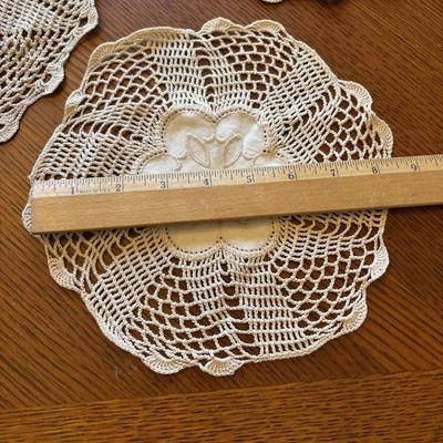 LOT 96: Unique Standing Mirror, Vintage Doilies, Hurricane/Oil Lamps, Crystal Vase & Floral Trinket Dish