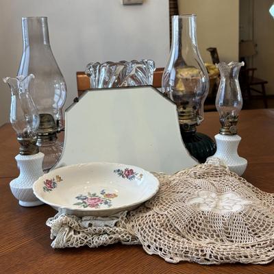 LOT 96: Unique Standing Mirror, Vintage Doilies, Hurricane/Oil Lamps, Crystal Vase & Floral Trinket Dish