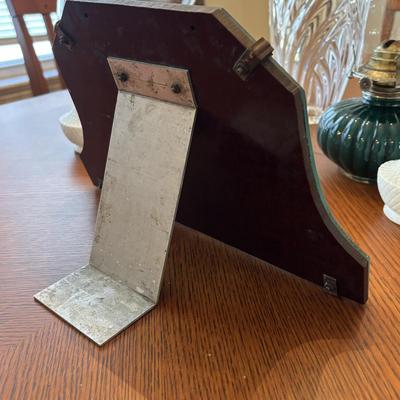 LOT 96: Unique Standing Mirror, Vintage Doilies, Hurricane/Oil Lamps, Crystal Vase & Floral Trinket Dish