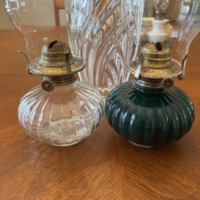 LOT 96: Unique Standing Mirror, Vintage Doilies, Hurricane/Oil Lamps, Crystal Vase & Floral Trinket Dish