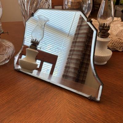 LOT 96: Unique Standing Mirror, Vintage Doilies, Hurricane/Oil Lamps, Crystal Vase & Floral Trinket Dish