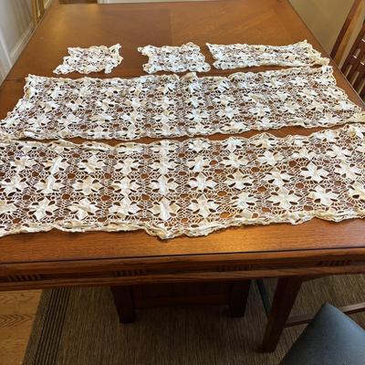 LOT 96: Unique Standing Mirror, Vintage Doilies, Hurricane/Oil Lamps, Crystal Vase & Floral Trinket Dish