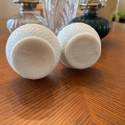 LOT 96: Unique Standing Mirror, Vintage Doilies, Hurricane/Oil Lamps, Crystal Vase & Floral Trinket Dish