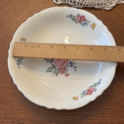 LOT 96: Unique Standing Mirror, Vintage Doilies, Hurricane/Oil Lamps, Crystal Vase & Floral Trinket Dish