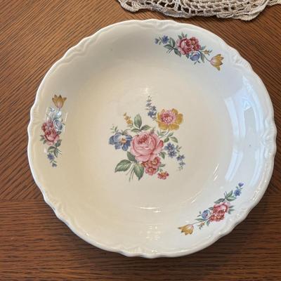 LOT 96: Unique Standing Mirror, Vintage Doilies, Hurricane/Oil Lamps, Crystal Vase & Floral Trinket Dish