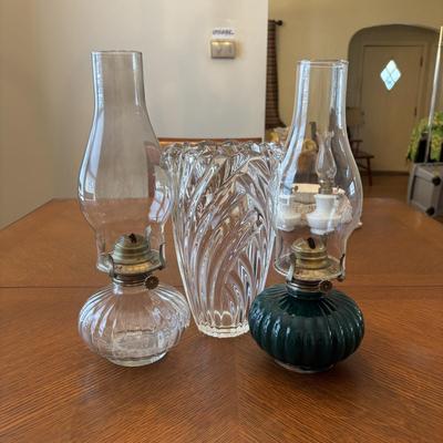 LOT 96: Unique Standing Mirror, Vintage Doilies, Hurricane/Oil Lamps, Crystal Vase & Floral Trinket Dish