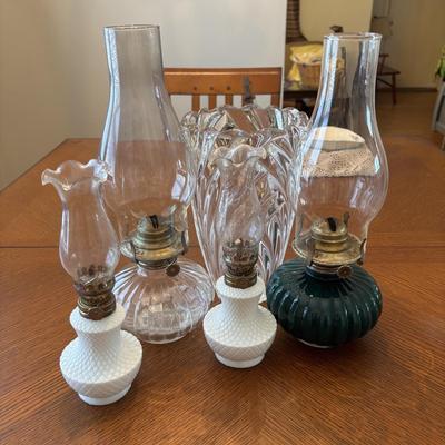 LOT 96: Unique Standing Mirror, Vintage Doilies, Hurricane/Oil Lamps, Crystal Vase & Floral Trinket Dish