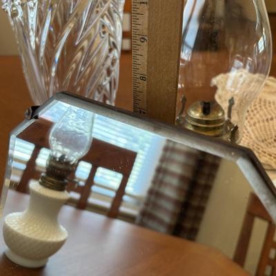 LOT 96: Unique Standing Mirror, Vintage Doilies, Hurricane/Oil Lamps, Crystal Vase & Floral Trinket Dish