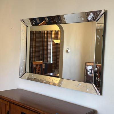 LOT 99: Floral Etched Wall Mirror w/Beveled Edge