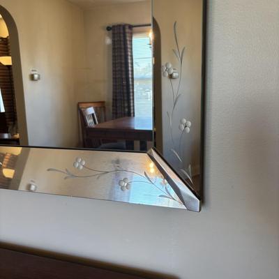 LOT 99: Floral Etched Wall Mirror w/Beveled Edge