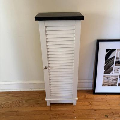 LOT 500: Home Decor Collection: Fish Wall Art, Wooden Model Pirate Ship, White Storage Cabinet, Framed Wall Art, Metal Pillar Candle Holders