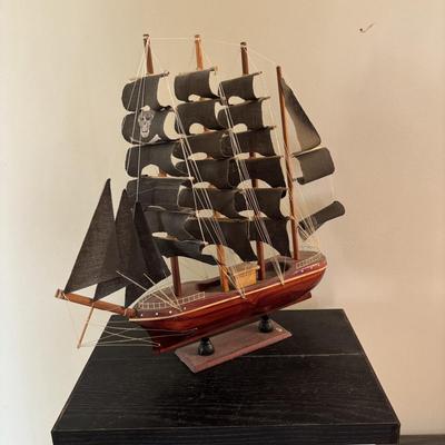 LOT 500: Home Decor Collection: Fish Wall Art, Wooden Model Pirate Ship, White Storage Cabinet, Framed Wall Art, Metal Pillar Candle Holders