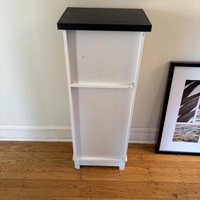 LOT 500: Home Decor Collection: Fish Wall Art, Wooden Model Pirate Ship, White Storage Cabinet, Framed Wall Art, Metal Pillar Candle Holders