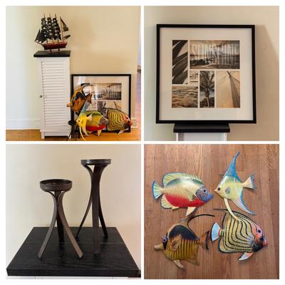 LOT 500: Home Decor Collection: Fish Wall Art, Wooden Model Pirate Ship, White Storage Cabinet, Framed Wall Art, Metal Pillar Candle Holders