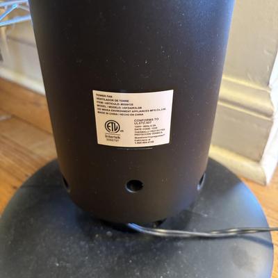 LOT 101: Metal Garment Rack on Wheels, Rubber Maid Storage Tote, Sterilite Footlocker on Wheels & Intertek Tower Fan