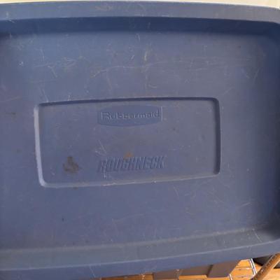 LOT 101: Metal Garment Rack on Wheels, Rubber Maid Storage Tote, Sterilite Footlocker on Wheels & Intertek Tower Fan