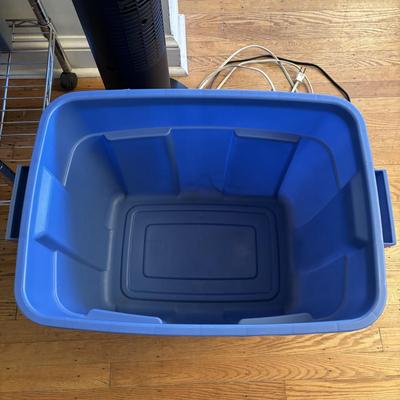 LOT 101: Metal Garment Rack on Wheels, Rubber Maid Storage Tote, Sterilite Footlocker on Wheels & Intertek Tower Fan