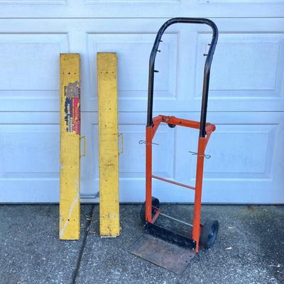 LOT 116: Pair of Task Force Adjustable Height Metal Sawhorses and Rolling Hand Truck / Dolly