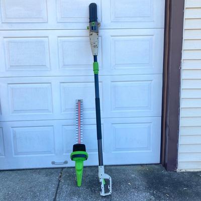 LOT 117: Poulon Electric Powered Pole / Trim Saw and Poulon Hedge Trimmer Item 62630