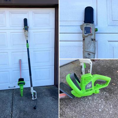 LOT 117: Poulon Electric Powered Pole / Trim Saw and Poulon Hedge Trimmer Item 62630