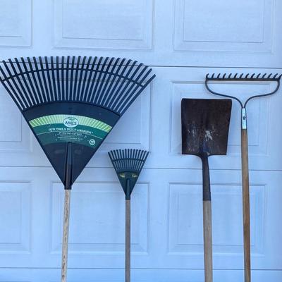 LOT 120: Jackson Metal Wheel Barrow with Rakes and Shovel