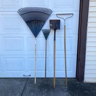 LOT 120: Jackson Metal Wheel Barrow with Rakes and Shovel