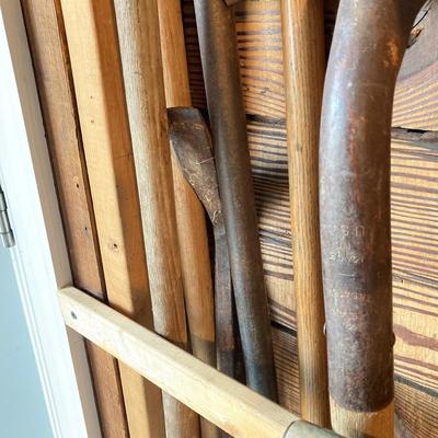 LOT 122: Large Collection of Outdoor / Construction Tools - Shovels, Rakes, Sledge Hammers, Pry Bars and More