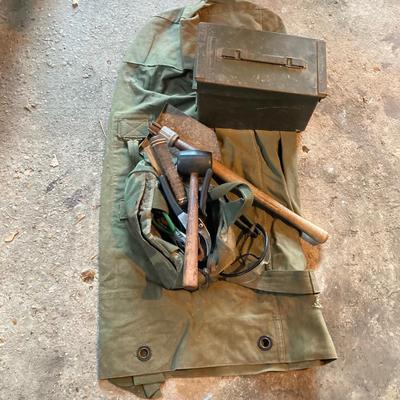 LOT 127: Military Collection - Olive Drab Green Bag, Ammo Box, Shovel, Camouflage Bag and Assorted Tools