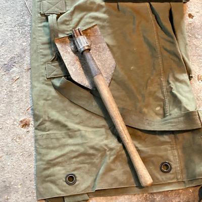 LOT 127: Military Collection - Olive Drab Green Bag, Ammo Box, Shovel, Camouflage Bag and Assorted Tools
